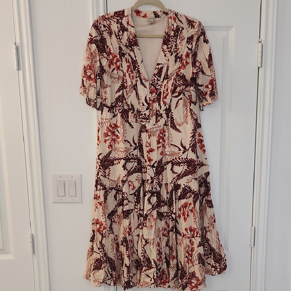 Floral V-Neck Dress - Cream and Brown